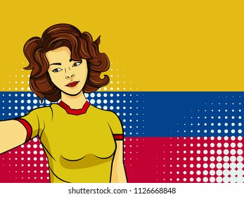 Asian woman taking selfie photo in front of national flag Colombia in pop art style illustration. Element of sport fan illustration for mobile and web apps on national flag background