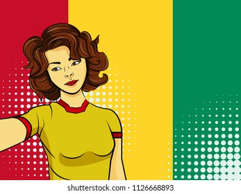 Asian woman taking selfie photo in front of national flag Guinea in pop art style illustration. Element of sport fan illustration for mobile and web apps on national flag background