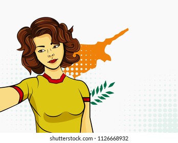 Asian woman taking selfie photo in front of national flag Cyprus in pop art style illustration. Element of sport fan illustration for mobile and web apps on national flag background