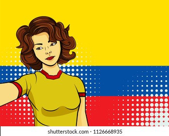 Asian woman taking selfie photo in front of national flag Ecuador in pop art style illustration. Element of sport fan illustration for mobile and web apps on national flag background