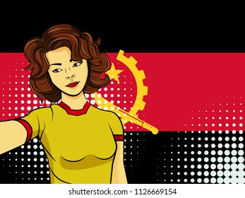 Asian woman taking selfie photo in front of national flag Angola in pop art style illustration. Element of sport fan illustration for mobile and web apps on national flag background