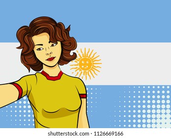 Asian woman taking selfie photo in front of national flag Argentina in pop art style illustration. Element of sport fan illustration for mobile and web apps on national flag background