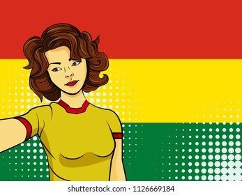 Asian woman taking selfie photo in front of national flag Bolivia in pop art style illustration. Element of sport fan illustration for mobile and web apps on national flag background