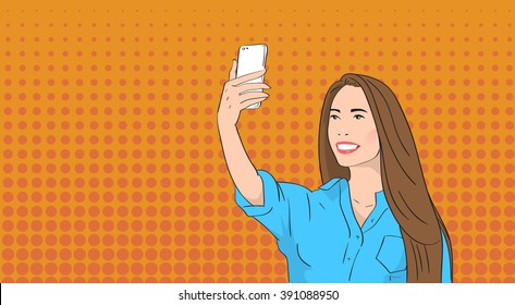Asian Woman Taking Selfie Photo On Smart Phone Pop Art Colorful Retro Style Vector Illustration