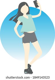 Asian woman or teen holding a phone and making selfie after workout. She's fit, attractive and wearing stylish sportswear. Her long hair is blowing in the wind. Anonymous face. Vector EPS 10.