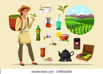 Asian woman in traditional clothes carry wicker basket with green leaves on back. Tea planting cultivation growing production. Plantation, kettle, teapot, cup. Sale supplies set. Vector illustration