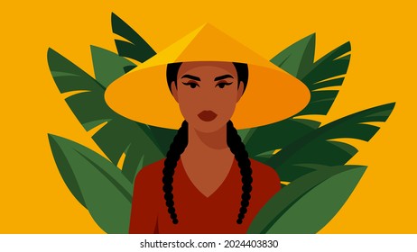 Asian woman, traditional costume, conical hat. Young, beautiful woman, tanned skin, black hair. Lush thickets on the background, banana palm leaves. Modern vector illustration.