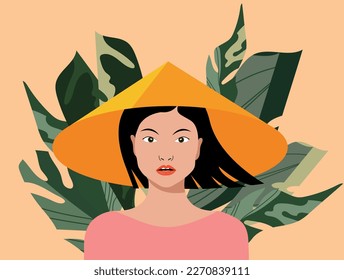 Asian woman, traditional costume, conical hat. Young, beautiful woman, black hair. Lush thickets in the background, banana palm leaves. Modern vector illustration.