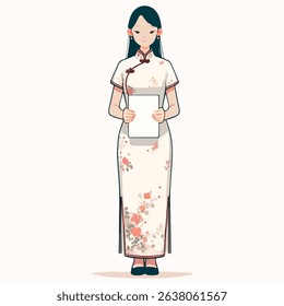 Asian woman in traditional floral dress holds blank sign, standing confidently with a serene expression, showcasing cultural attire and inviting atmosphere for promotional use