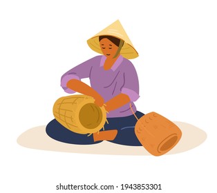 Asiatische Frau in traditionellem vietnamesischem konischen Strohhut, der Whicker Basket Weaving. Flache Vektorgrafik.