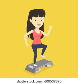 Asian woman training with stepper in the gym. Woman doing step exercises. Woman working out with stepper in the gym. Sportswoman standing on stepper. Vector flat design illustration. Square layout.