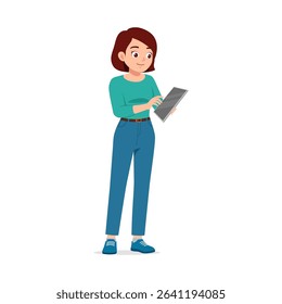 Asian Woman Using Tablet, Smiling, Wearing Jeans and Green Shirt in Full Body View