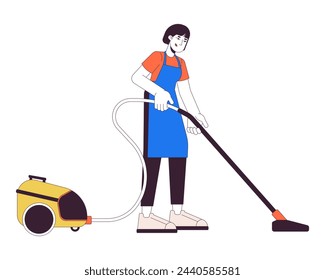 Asian woman with vacuum cleaner 2D linear cartoon character. Hoovering housewife isolated line vector person white background. Cleaning service business idea color flat spot illustration