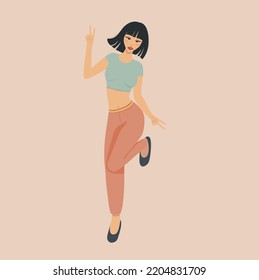 Asian Woman. Vector Illustration Of Positive Vibes, Fun, Positive Energy, Lifestyle And Fashion. Attractive Overweight Model.