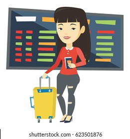 Asian woman waiting for a flight at the airport. Passenger holding passport and airplane ticket. Woman with suitcase standing at airport. Vector flat design illustration isolated on white background.
