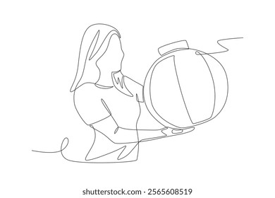 Asian woman wants to put up red lanterns for decoration. Red lanterns concept one-line drawing