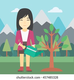 An asian woman watering a tree on the background with mountain. Young friendly woman takes care of the environment. Vector flat design illustration. Square layout.