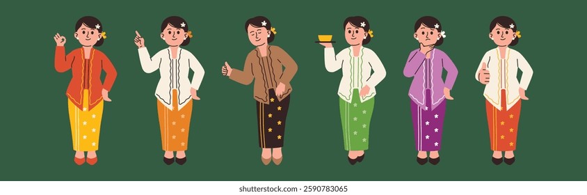 Asian Woman Wear Indonesia Traditional Kebaya Attire with Various Poses