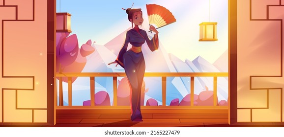 Asian woman wear kimono holding fan stand at terrace in japanese style with mountain and blooming sakura landscape. Home, hotel or cafe interior with young girl on patio, Cartoon vector illustration