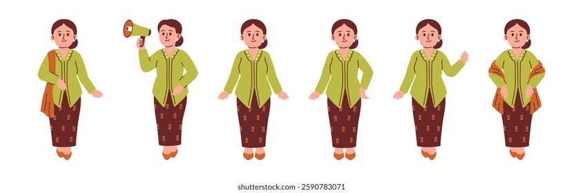 Asian Woman Wear Traditional Kebaya Attire with Various Poses and Gesture