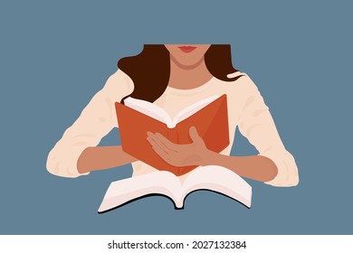 Una mujer asiática con una camisa de color crema lee un libro naranja y tiene un libro negro. Fondo gris.
ilustración. vector.