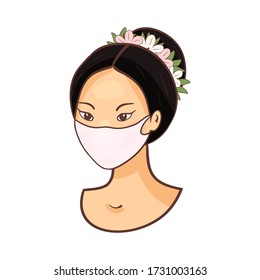 Asian Woman Wearing Face Mask Environmental Industrial Smog Dust Toxic Air Pollution And Virus Protection. Consider social distancing as a protectionagainst covid-19. half turn vector ikon