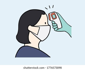 Asian Woman Wearing Face Mask With Temperature Screening By Thermometer At Building Entrance 