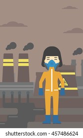 An asian woman wearing gas mask and radiation protective suit. Woman in radiation protective suit on a background of nuclear power plant. Vector flat design illustration. Vertical layout.