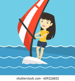 Asian woman windsurfing at summer day. Woman standing on the board with sail for surfing. Woman learning to windsurf. Windsurfer training on the water. Vector flat design illustration. Square layout.