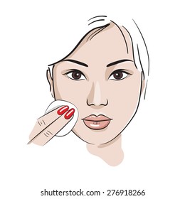 Asian woman wipes the face with a cotton pad. Hand drawn makeup set. The face on a white background. Sketch style vector.