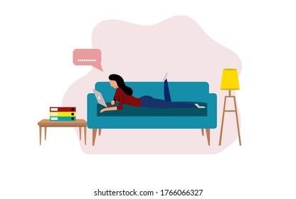 ASIAN WOMAN WORKING WITH LAPTOP LYING DOWN SOFA, WORK FROM HOME