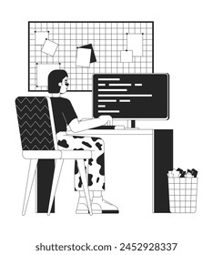 Asian woman working on computer black and white 2D line cartoon character. Korean female freelancer at home office isolated vector outline person. Telework monochromatic flat spot illustration