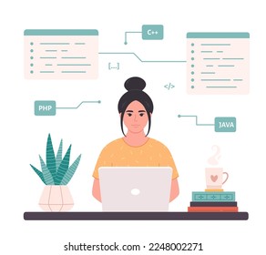 Asian woman working on laptop. Woman IT developer. Programming code. Freelance, remote working. Vector illustration in flat style