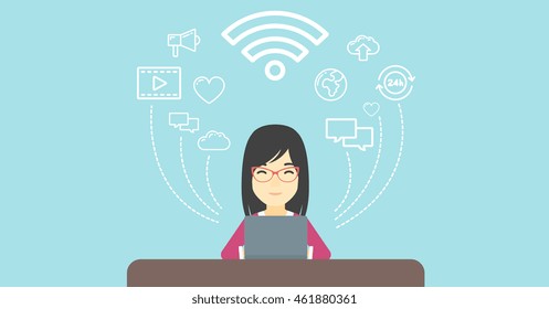 An asian woman working on a laptop and social computer network icons above him. Vector flat design illustration. Horizontal layout.