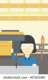 An asian woman working on milling machine at workshop. Woman using milling machine at factory. Woman making a hole using a milling machine. Vector flat design illustration. Vertical layout.