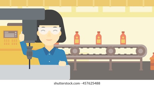 An asian woman working on milling machine at workshop. Woman using milling machine at factory. Woman making a hole using a milling machine. Vector flat design illustration. Horizontal layout.