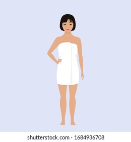 Asian woman wrapped in a white towel after a shower stands barefoot. Vector stock flat illustration