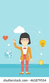An asian woman writing on a virtual screen. Business woman drawing a cloud computing diagram on a virtual screen. Cloud computing concept. Vector flat design illustration. Vertical layout.