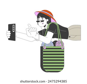 Asian woman with yarn bag taking photo 2D linear cartoon character. Japanese female knitter and photographer isolated line vector person white background. Hobbies color flat spot illustration