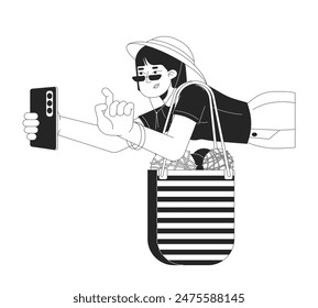 Asian woman with yarn bag taking photo black and white 2D line cartoon character. Japanese female knitter and photographer isolated vector outline person. Hobbies monochromatic flat spot illustration