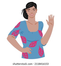 Asian woman or young girl portrait standing waving hand in greeting, flat vector illustration isolated on white background. Women day, ethnic multiracial diversity and feminism topic.
