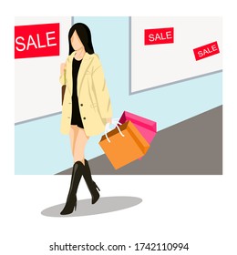 Asian women walking on the streets with discounted signs. vector illustration.