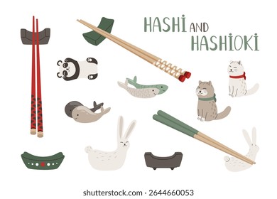 Asian wooden chopsticks Hashi and cute Hashioki vector set original artwork