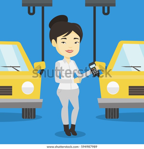 Asian worker of car factory. Happy young engineer\
at work on car factory. Worker controlling modern automated\
assembly line for cars. Car production. Vector flat design\
illustration. Square\
layout.
