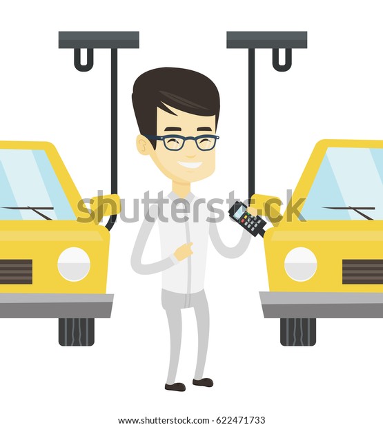 Asian worker of car factory. Young engineer\
at work on car factory. Worker controlling automated assembly line\
for cars. Car production. Vector flat design illustration isolated\
on white background.