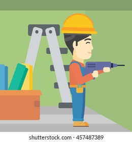 An asian worker drilling a hole in the wall. A man in overalls and hard hat working with hammer drill. Vector flat design illustration. Square layout.