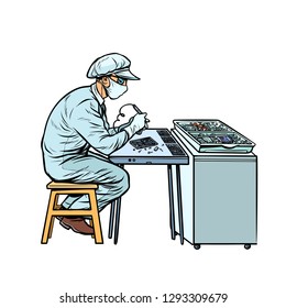 Asian worker in electronics factory. Pop art retro vector illustration kitsch vintage