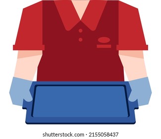 Asian Worker At Fast Food Restaurant Holding Plastic Tray Server.