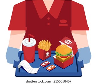 Asian Worker At Fast Food Restaurant Holding Burger Combo Tray Server.