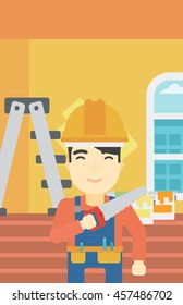 An asian worker holding a saw in hand. A man in overalls and hard hat with saw in apartment. Vector flat design illustration. Vertical layout.